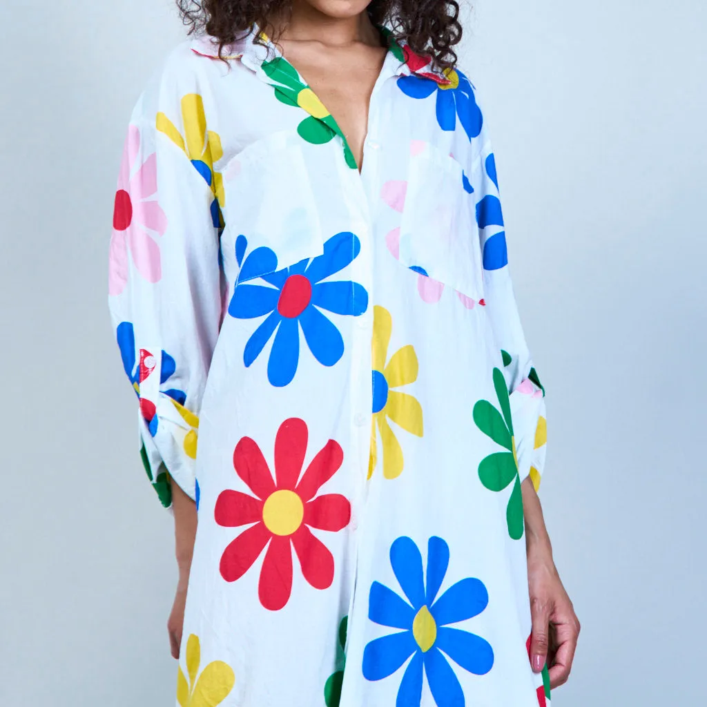 100% Cotton whimsical garden floral print shirt dress wholesale