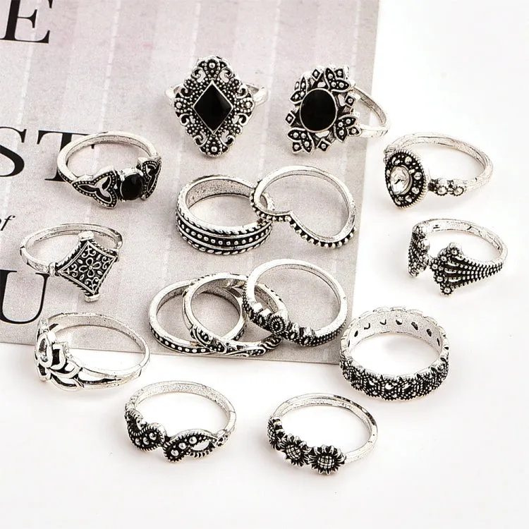 15 PCS Bohemian Retro Crystal Flower Leaves Hollow Lotus Gem Silver Ring Set