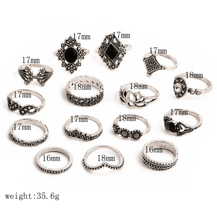 15 PCS Bohemian Retro Crystal Flower Leaves Hollow Lotus Gem Silver Ring Set