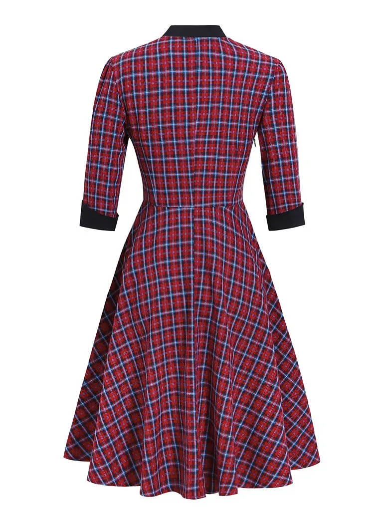 1950S Plaid 3/4 Sleeve Vintage Dress