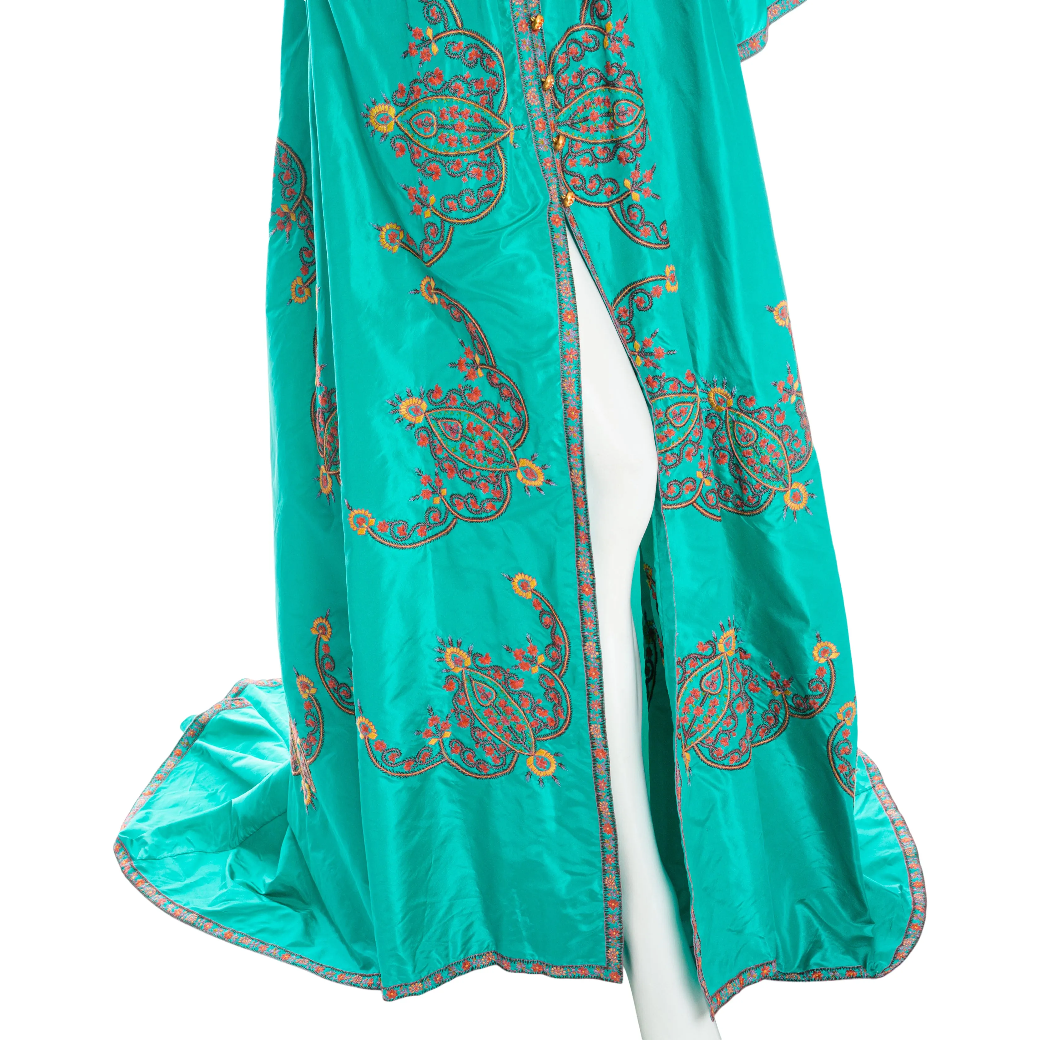 2000s Teal Silk Habotai Floral Embroidered Caftan