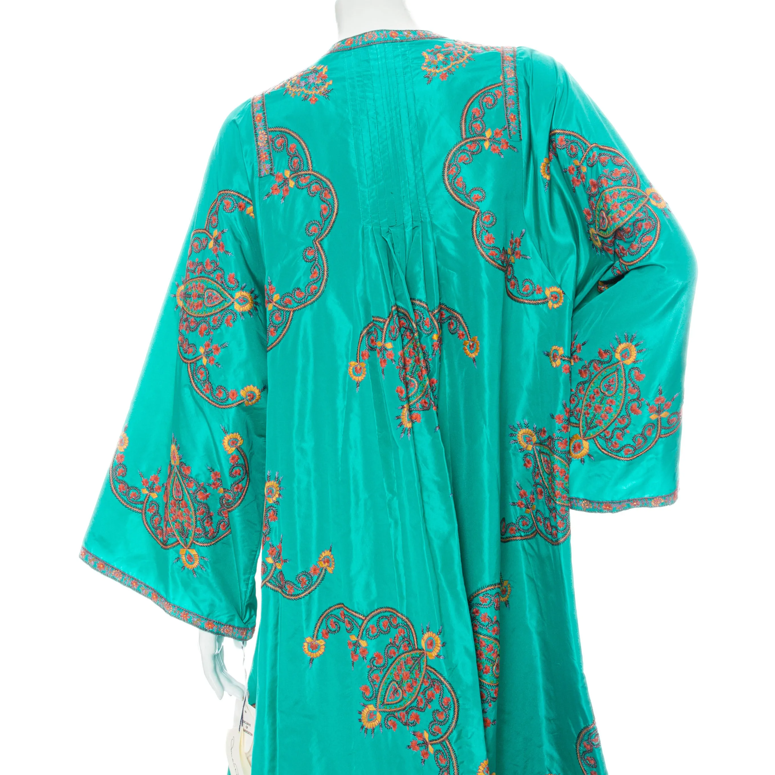 2000s Teal Silk Habotai Floral Embroidered Caftan