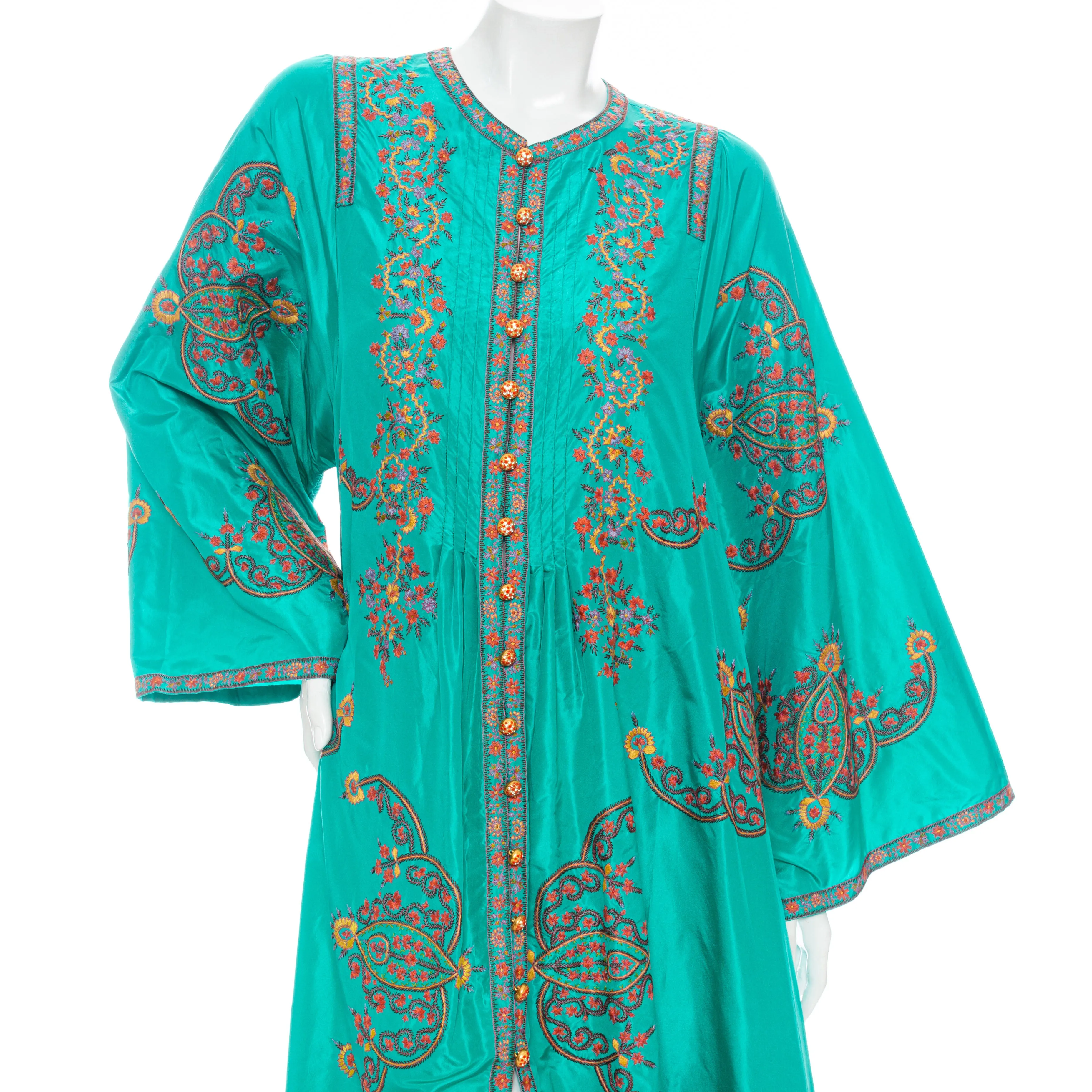 2000s Teal Silk Habotai Floral Embroidered Caftan