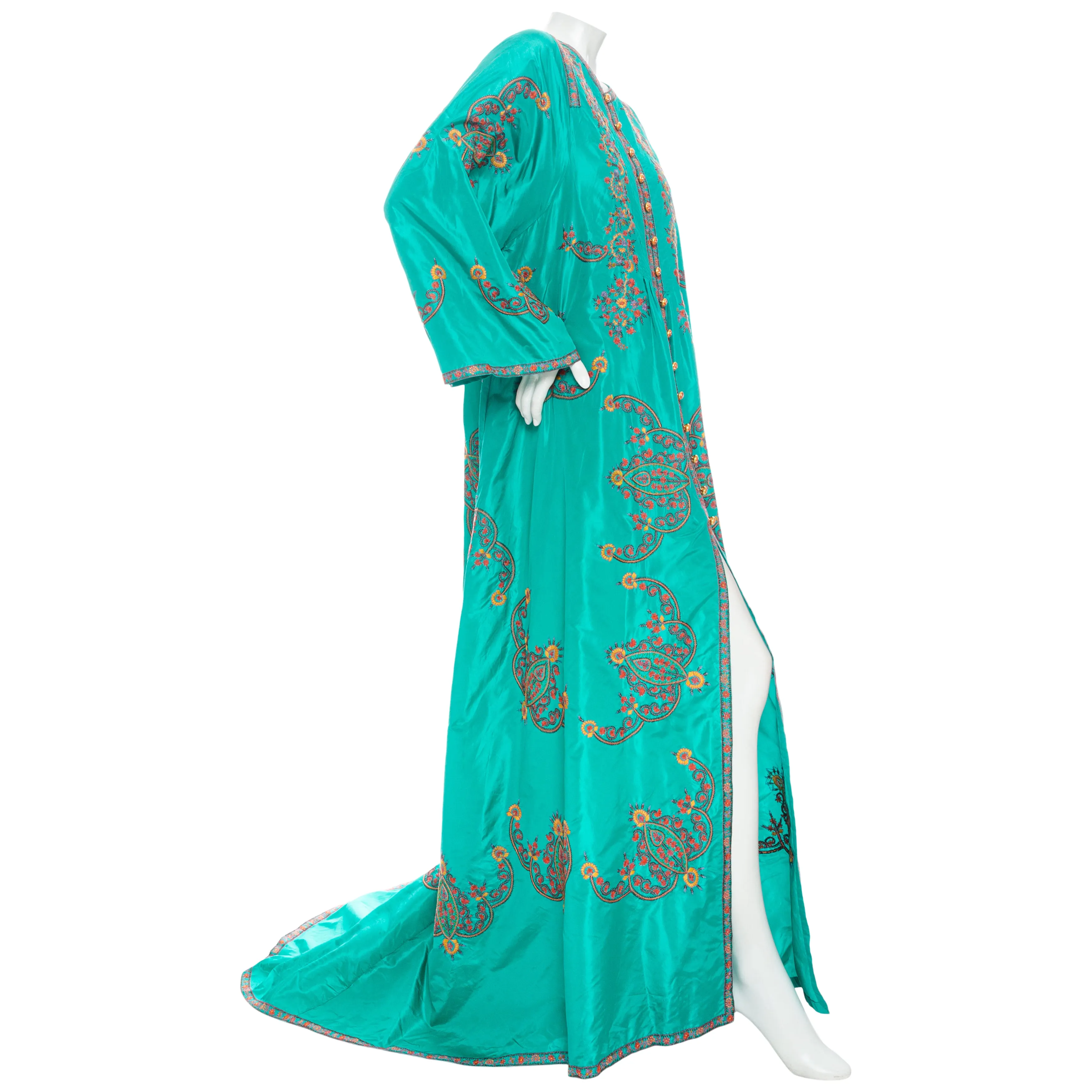 2000s Teal Silk Habotai Floral Embroidered Caftan