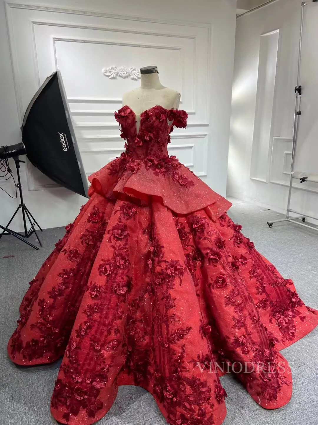 3D Floral Dark Red Quinceañera Dresses Off the Shoulder Ball Gown viniodress