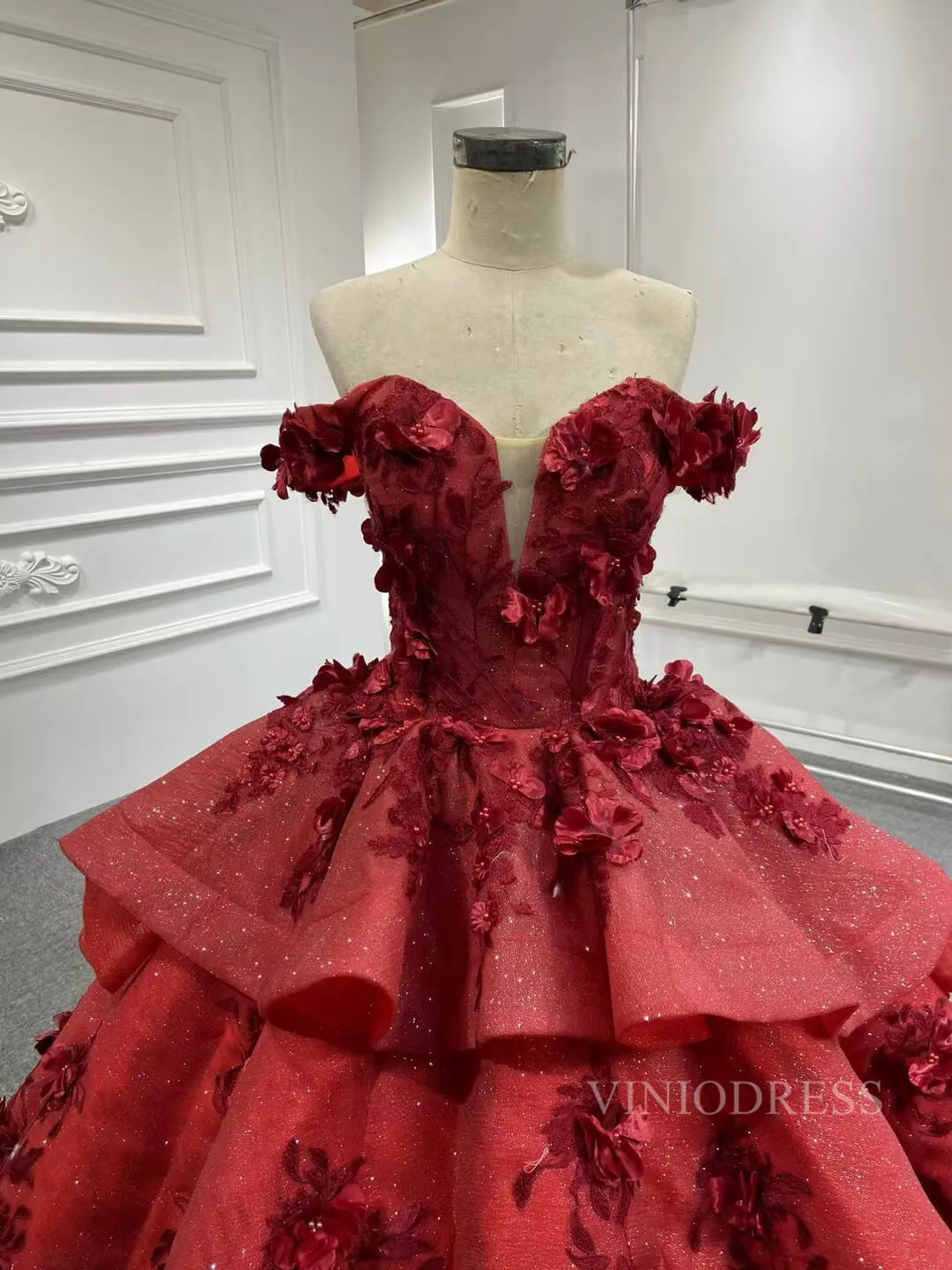 3D Floral Dark Red Quinceañera Dresses Off the Shoulder Ball Gown viniodress