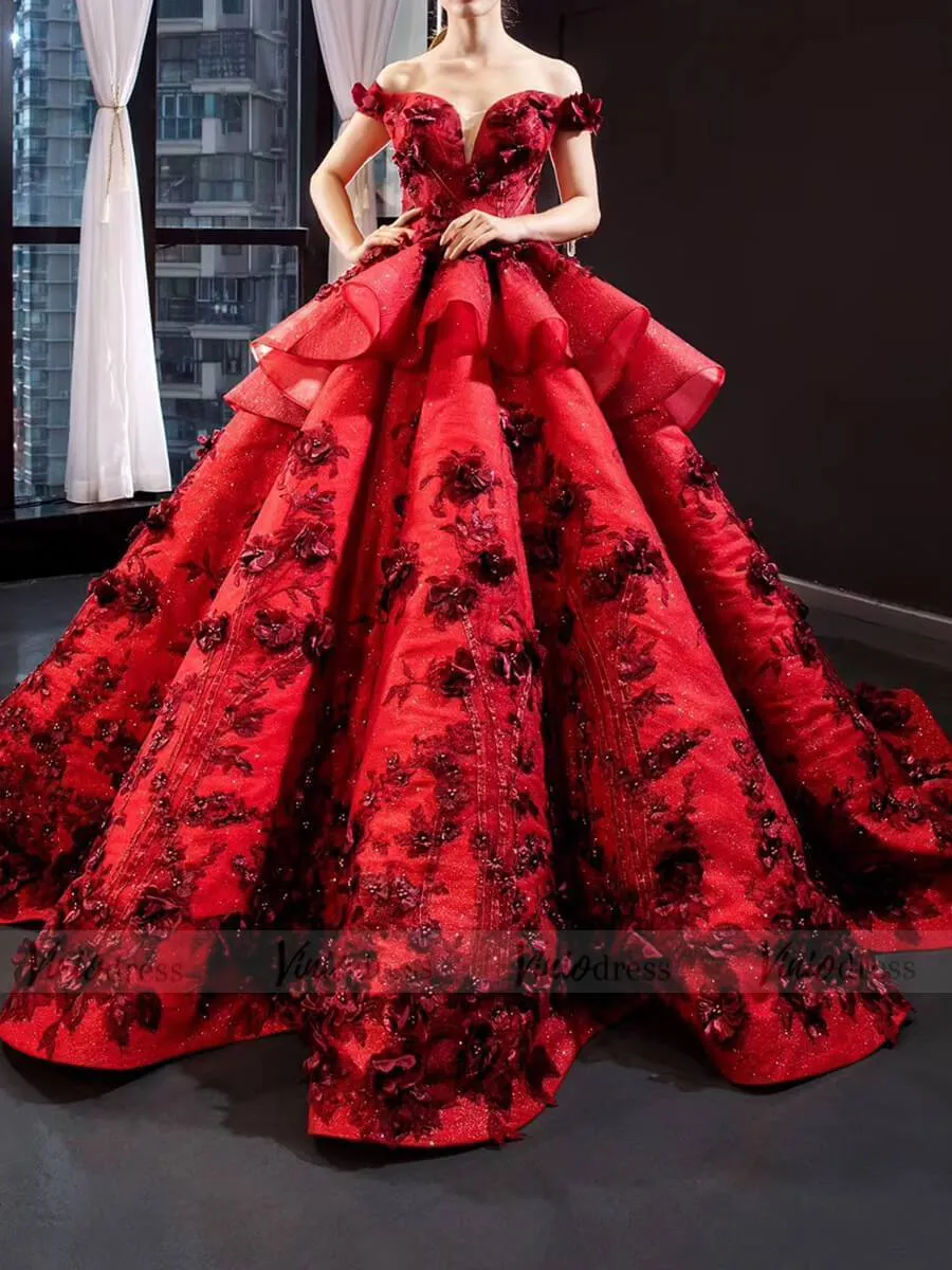 3D Floral Dark Red Quinceañera Dresses Off the Shoulder Ball Gown viniodress