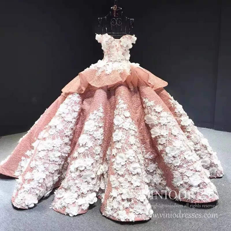 3D Floral Dark Red Quinceañera Dresses Off the Shoulder Ball Gown viniodress