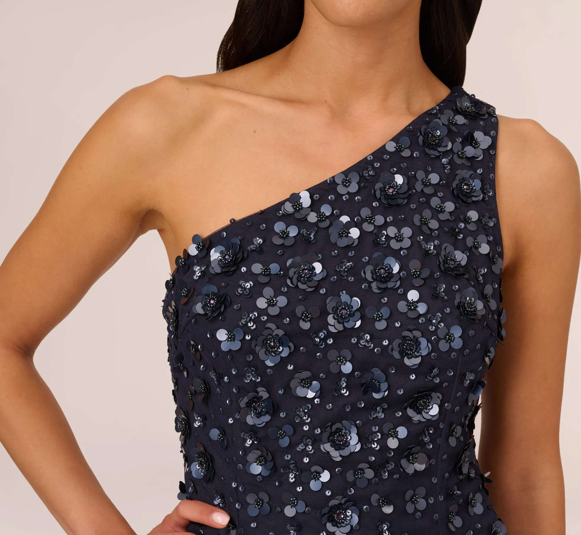 3D Floral Hand-Beaded One-Shoulder Long Column Gown In Dusty Navy