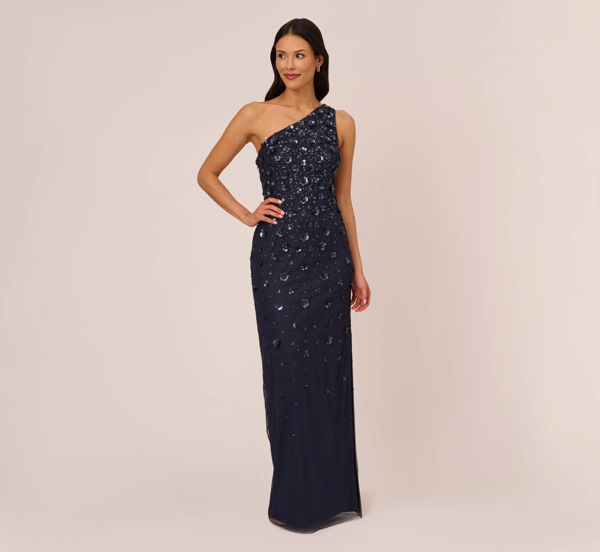 3D Floral Hand-Beaded One-Shoulder Long Column Gown In Dusty Navy