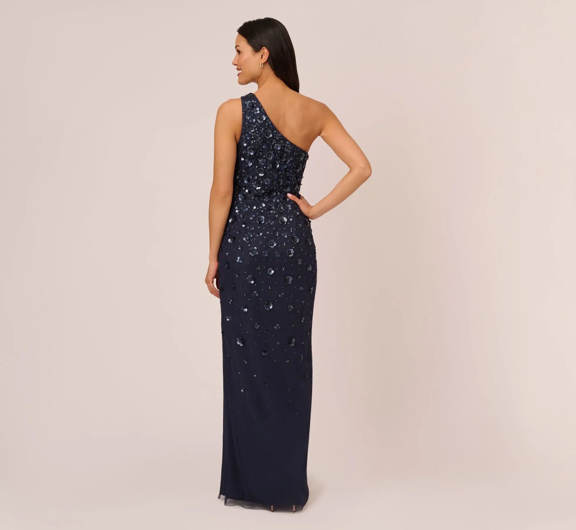 3D Floral Hand-Beaded One-Shoulder Long Column Gown In Dusty Navy