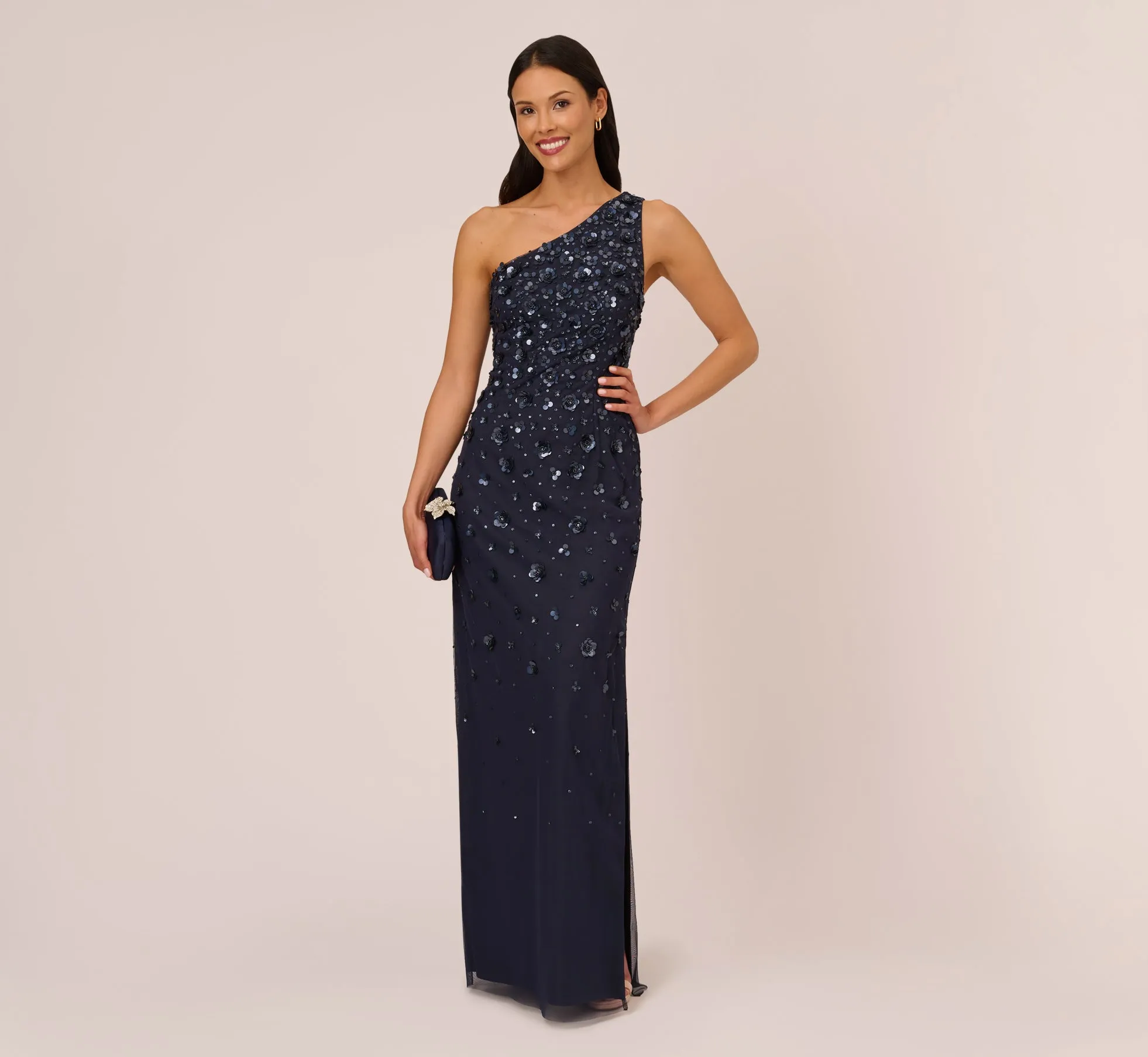 3D Floral Hand-Beaded One-Shoulder Long Column Gown In Dusty Navy