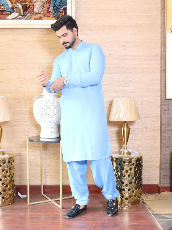 461/1E Men's Kameez Shalwar Stitched Suit Sherwani Collar Blue