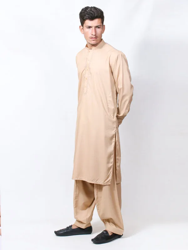 461/1E Men's Kameez Shalwar Stitched Suit Sherwani Collar Fawn