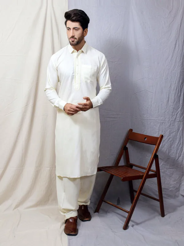 461/2E Men's Kameez Shalwar Stitched Suit Shirt Collar Cream