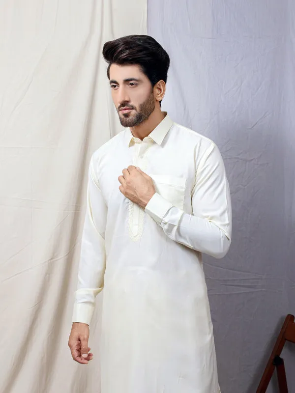 461/2E Men's Kameez Shalwar Stitched Suit Shirt Collar Cream