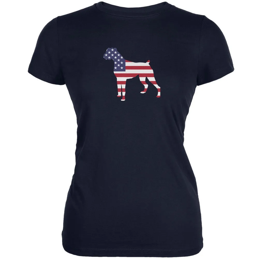 4th of July Patriotic Dog Boxer Navy Juniors Soft T-Shirt