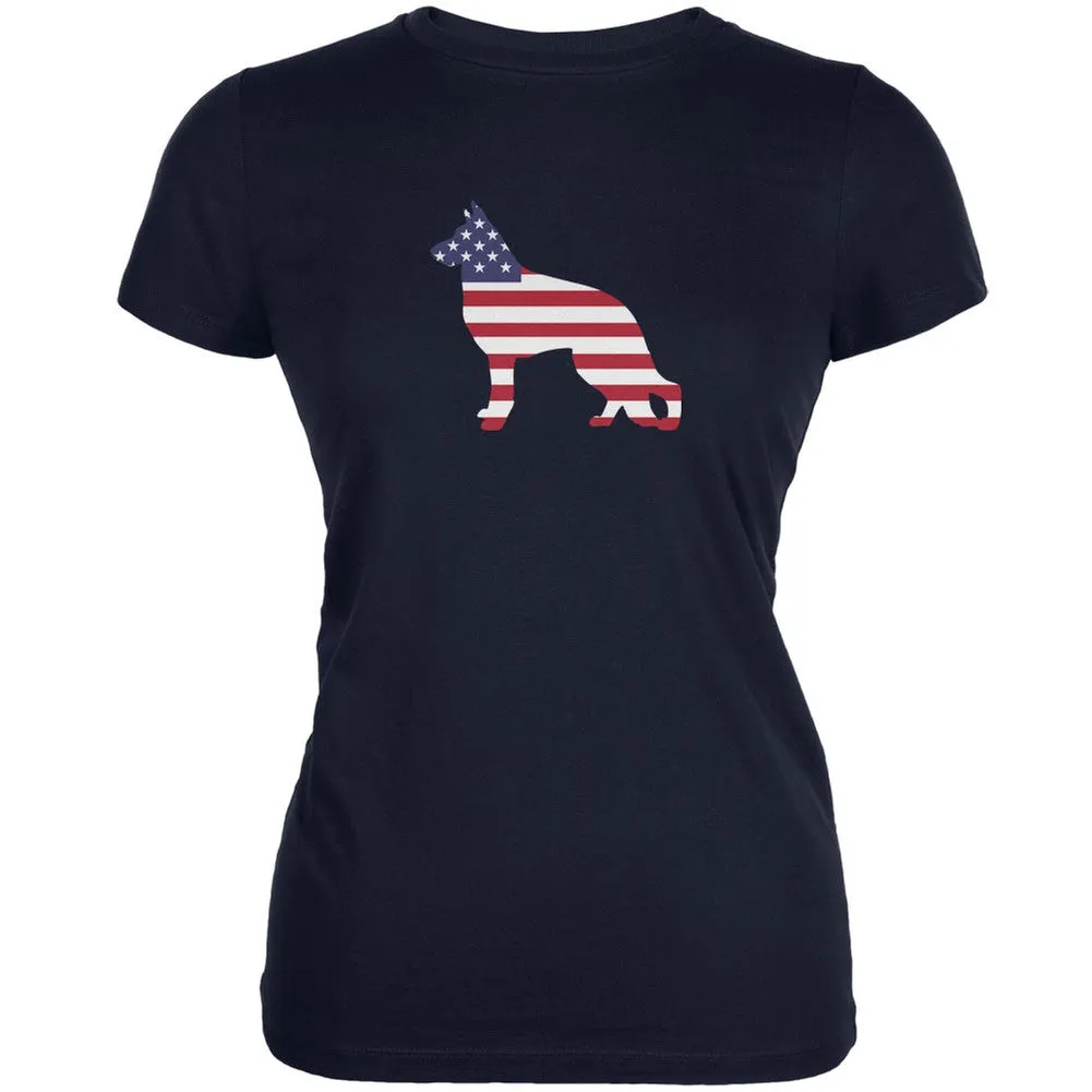 4th of July Patriotic Dog German Shepherd Navy Juniors Soft T-Shirt