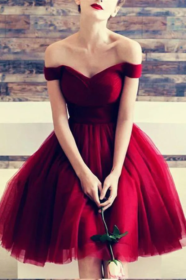 A Line Burgundy Off the Shoulder Tulle Sweetheart Cocktail Dress Homecoming Dresses JS639