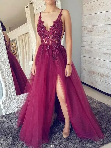 A line Burgundy V Neck Straps Tulle Prom Dresses Beads Lace Appliques Party Dresses JS700