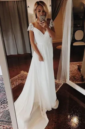 A Line Chiffon Wedding Dresses Cap Sleeve V Neck Bohemian Beach Bridal Gowns