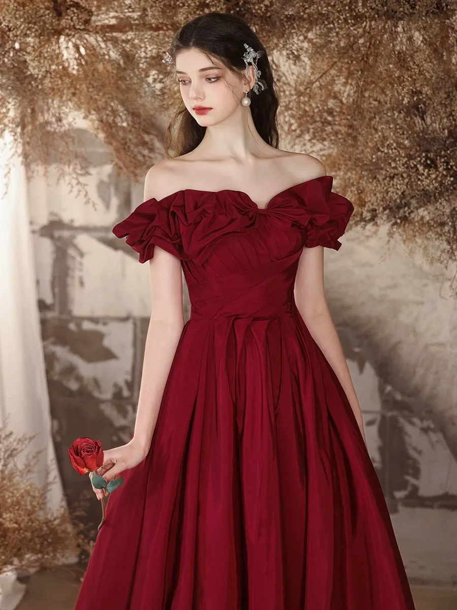 A-Line  Off Shoulder Satin Burgundy Long Prom Dress, Burgundy Long Formal Dress