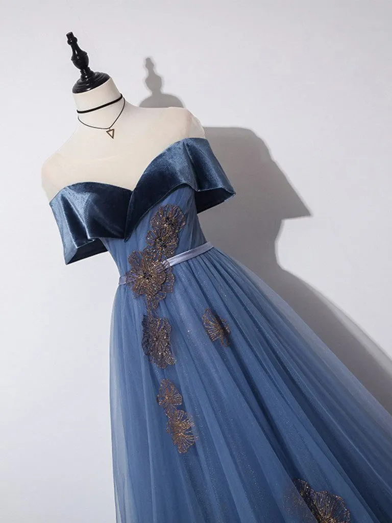 A-Line Off Shoulder Tulle Gray Blue Long Prom Dress, Blue Formal Dress