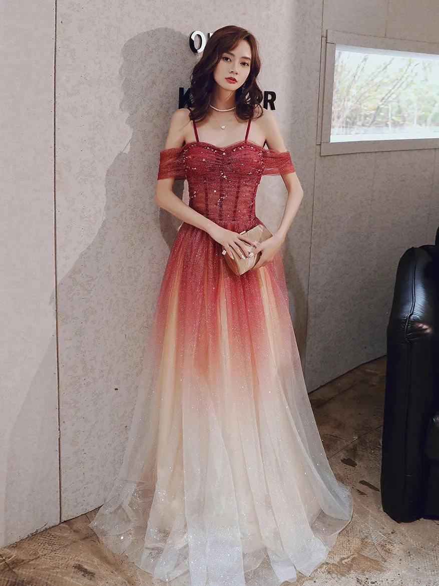 A line Sweetheart Neck Tulle Long Prom Dress Burgundy Off Shoulder Evening Dress