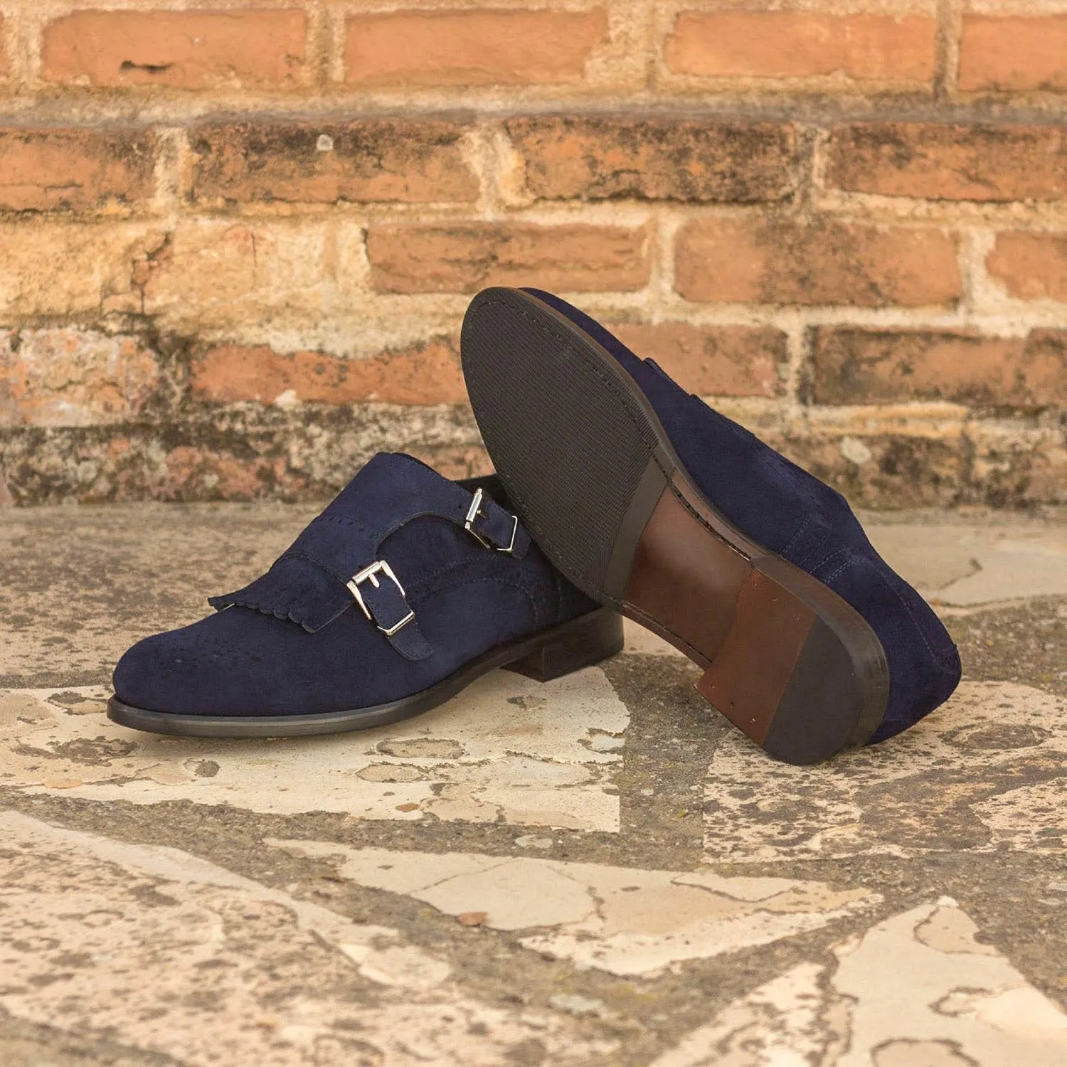 Ambrogio Bespoke Custom Women's Custom Made Shoes Navy Suede Leather Kiltie Monk-Straps Loafers (AMBW1018)