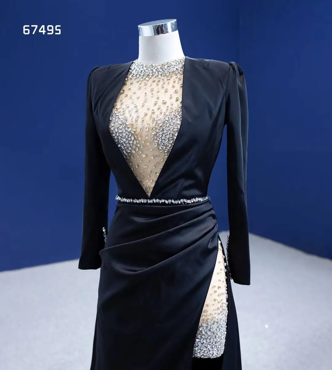 Beaded Black Satin Sheath Formal Dress with Long Sleeve 67495