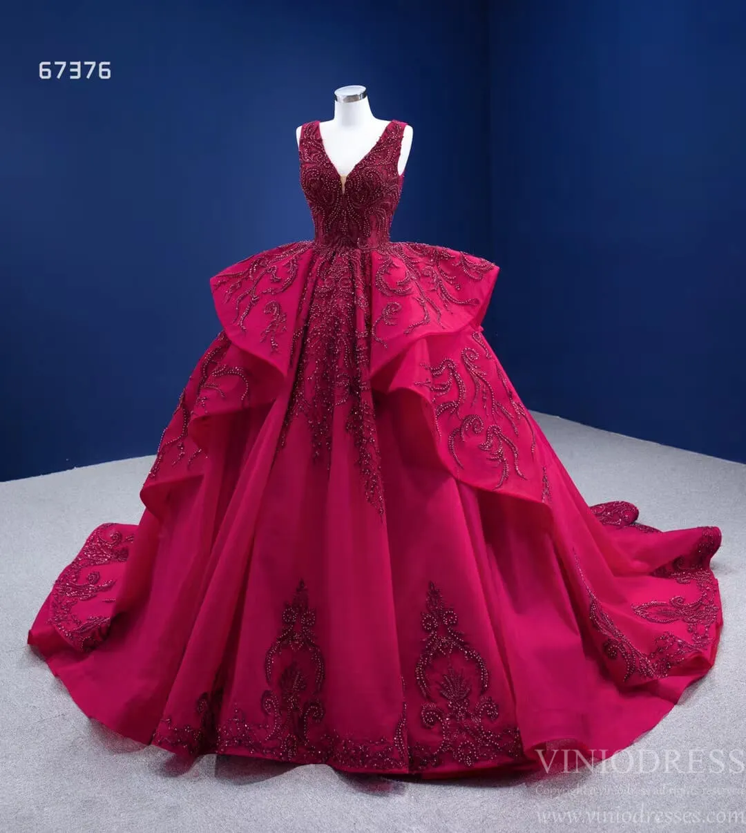 Beaded Burgundy Ball Gown Wedding Dress 67376 viniodress