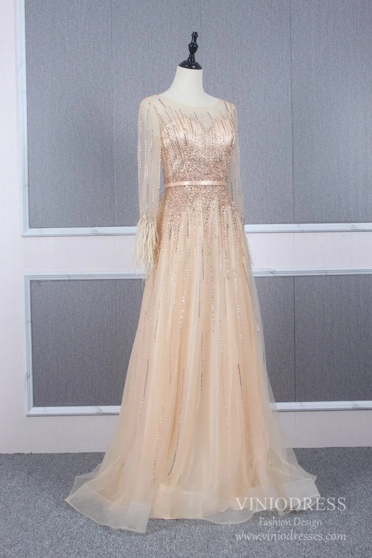 Beaded Long Sleeve Champagne Tulle Prom Dresses FD2504