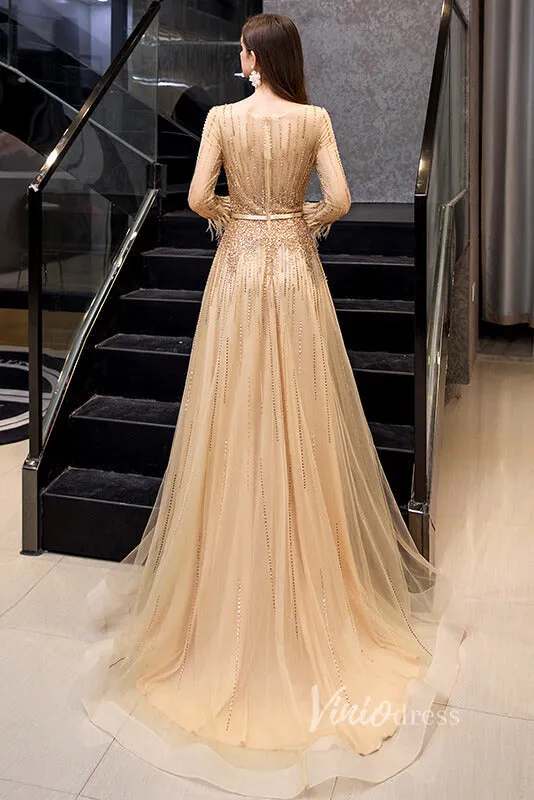 Beaded Long Sleeve Champagne Tulle Prom Dresses FD2504