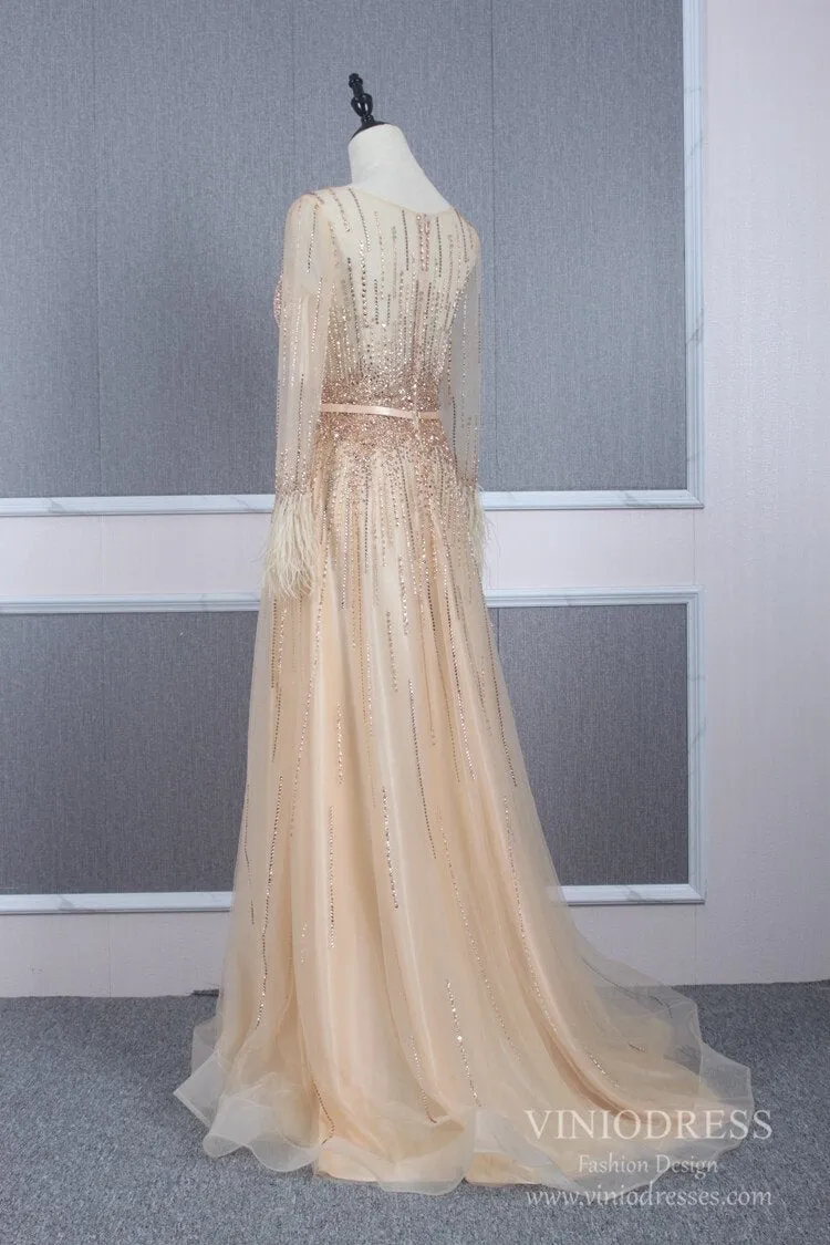 Beaded Long Sleeve Champagne Tulle Prom Dresses FD2504