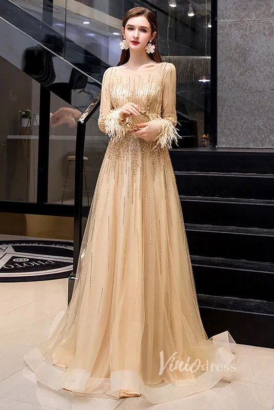 Beaded Long Sleeve Champagne Tulle Prom Dresses FD2504