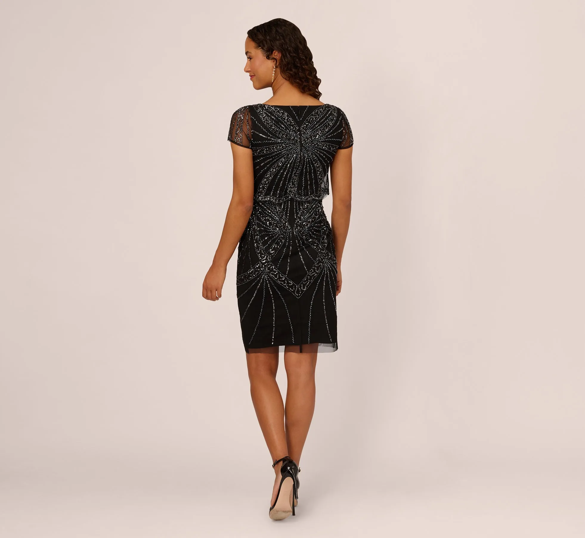 Beaded Popover Dress With Sheer Cap Sleeves In Black Gunmetal