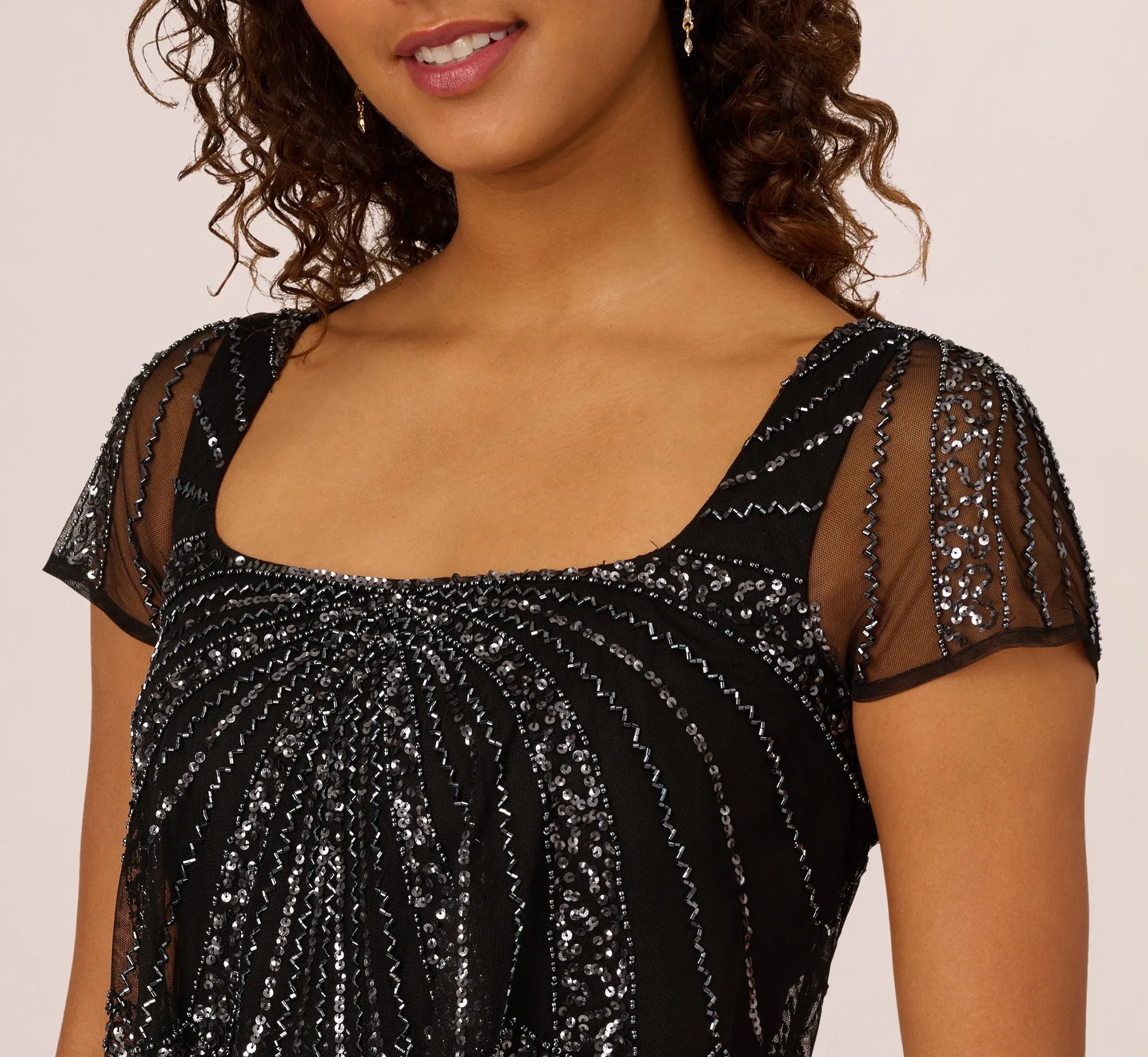 Beaded Popover Dress With Sheer Cap Sleeves In Black Gunmetal