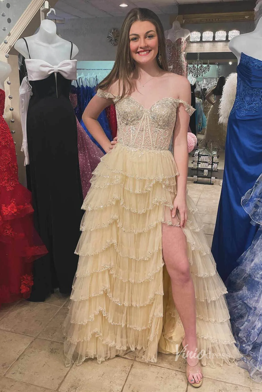 Beaded Tiere Ruffle Prom Dresses with Slit, Off the Shoulder FD3640D