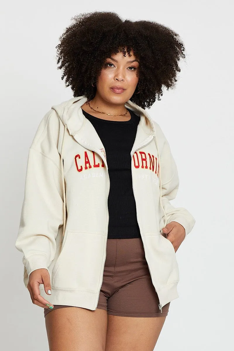 Beige Long Sleeve California Graphic Zip Sweat Top