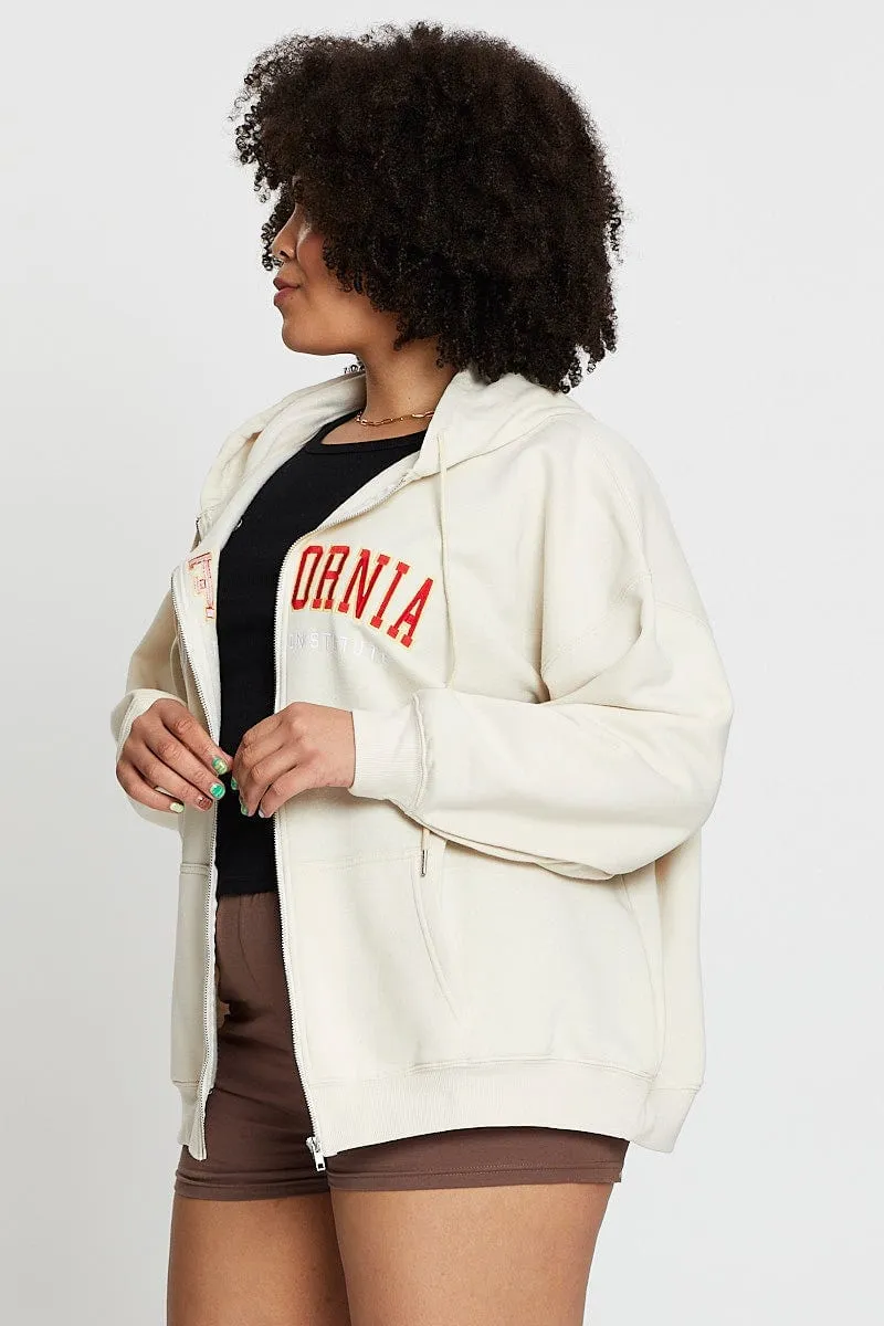 Beige Long Sleeve California Graphic Zip Sweat Top