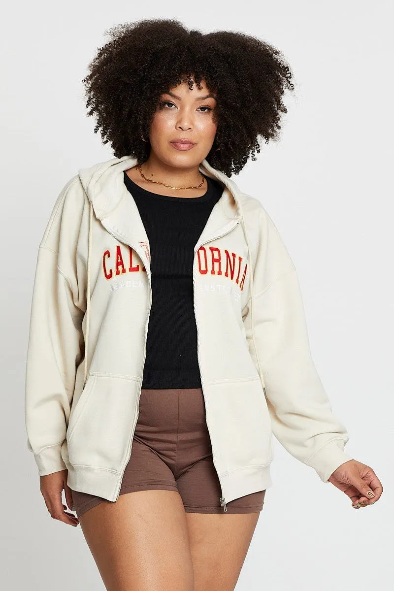 Beige Long Sleeve California Graphic Zip Sweat Top