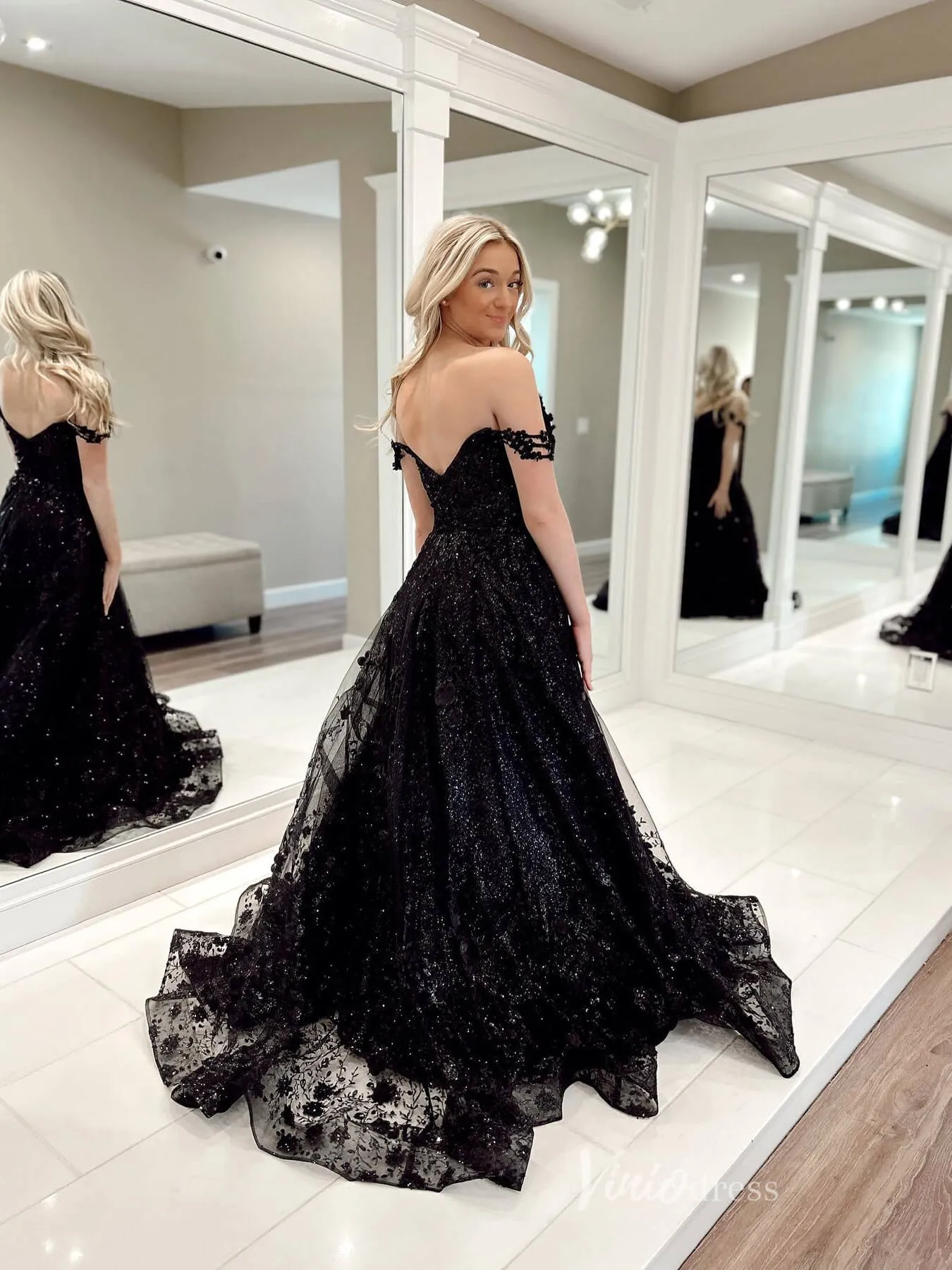 Black Sparkly Lace Prom Dresses Off the Shouder Formal Gown FD3972