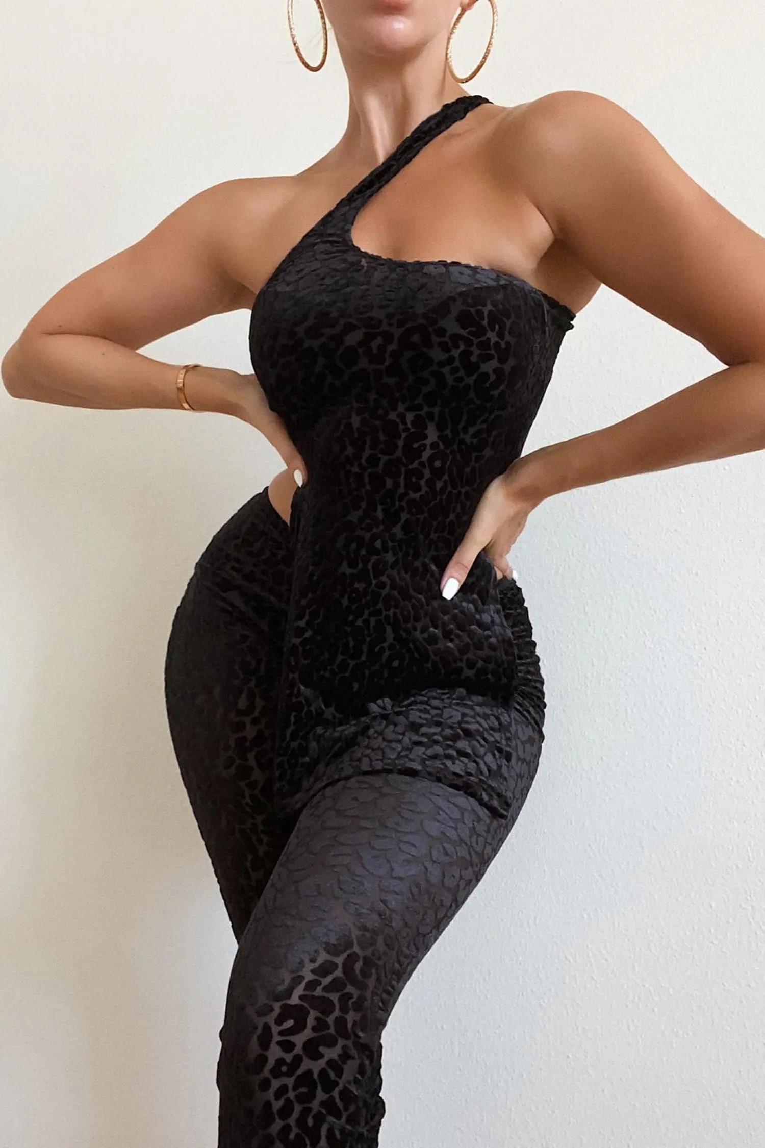 Black Velvet One Shoulder Leopard Print Mesh Jumpsuit