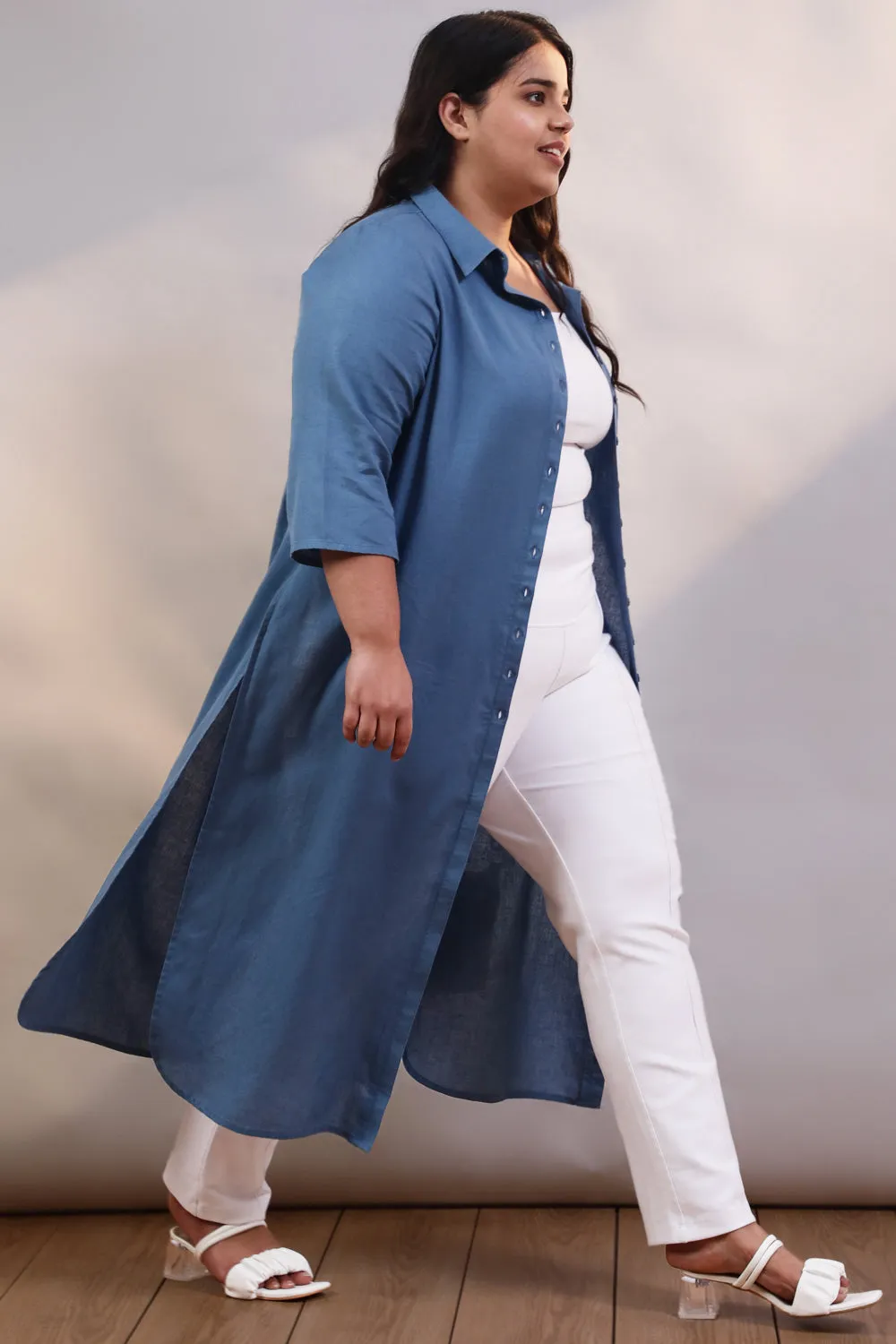 Blue Cotton Linen Kurta Shrug