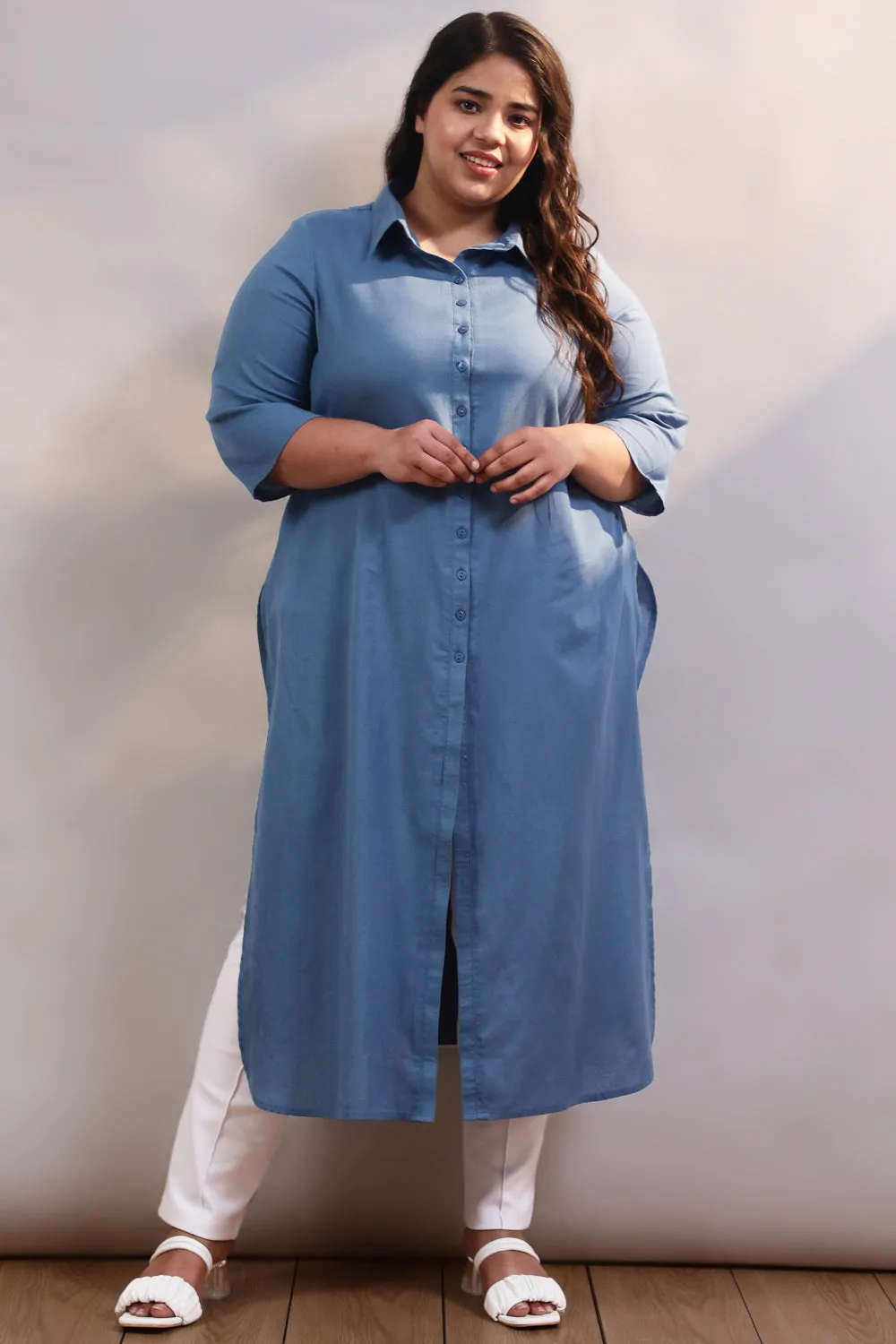 Blue Cotton Linen Kurta Shrug