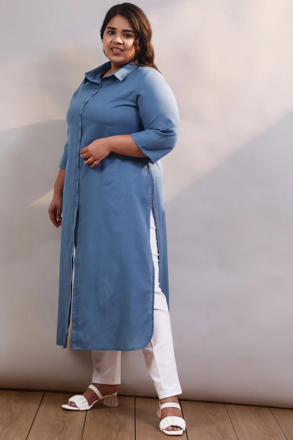 Blue Cotton Linen Kurta Shrug