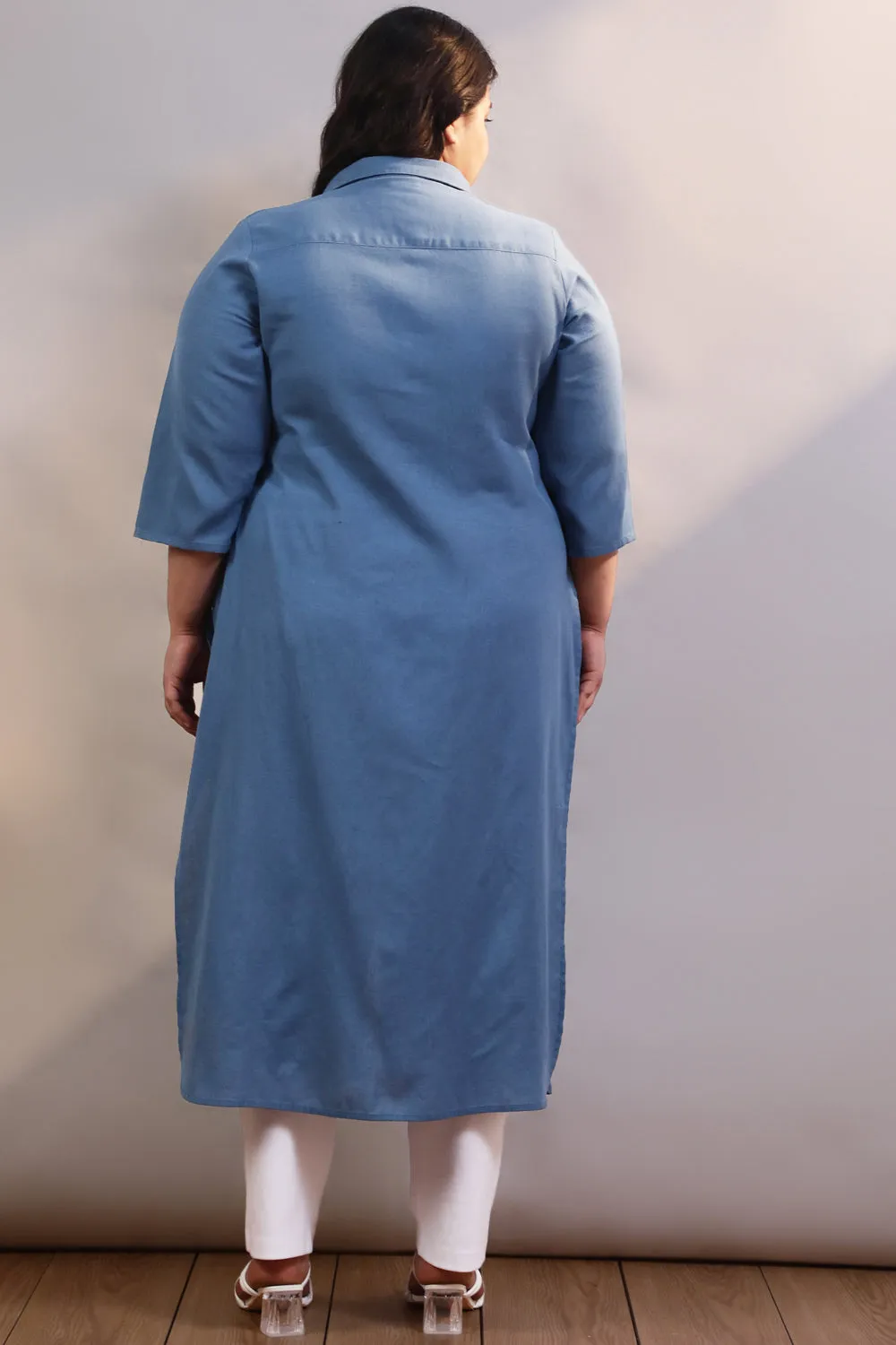 Blue Cotton Linen Kurta Shrug