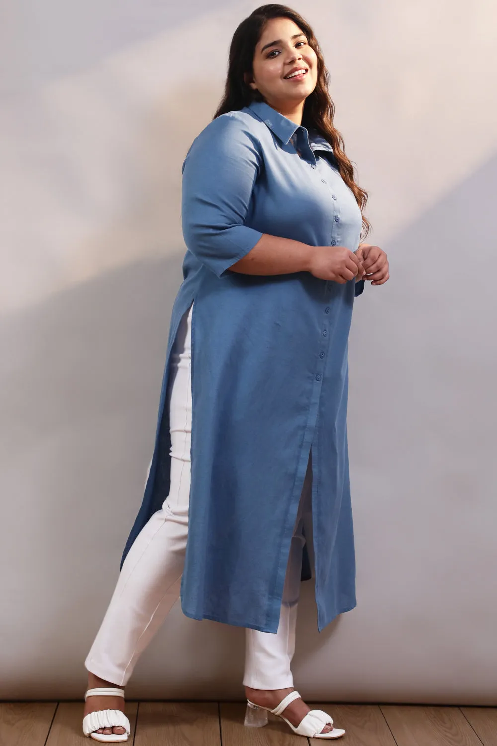 Blue Cotton Linen Kurta Shrug