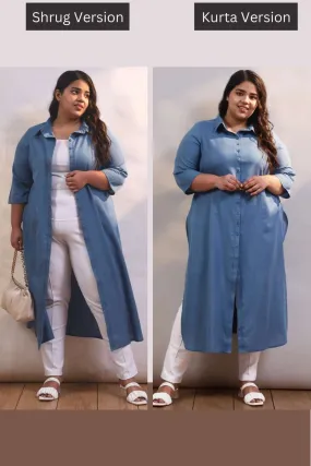 Blue Cotton Linen Kurta Shrug