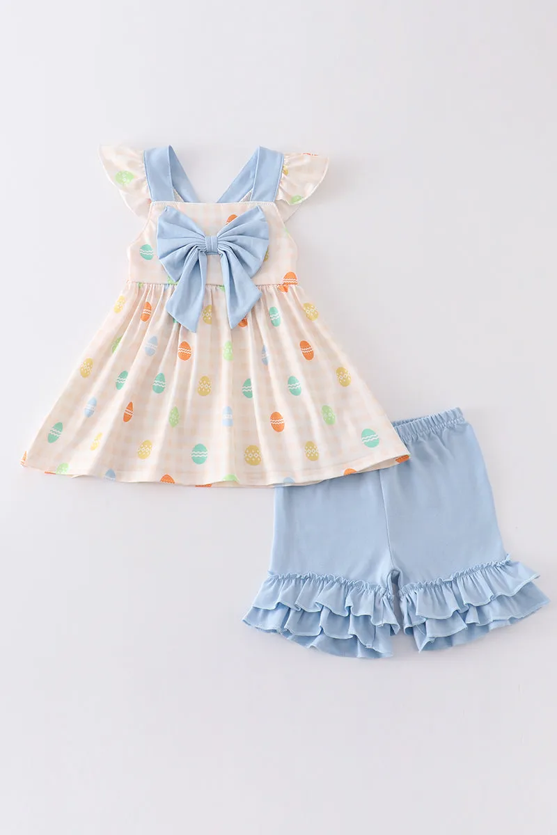 Blue egg print bow girl set